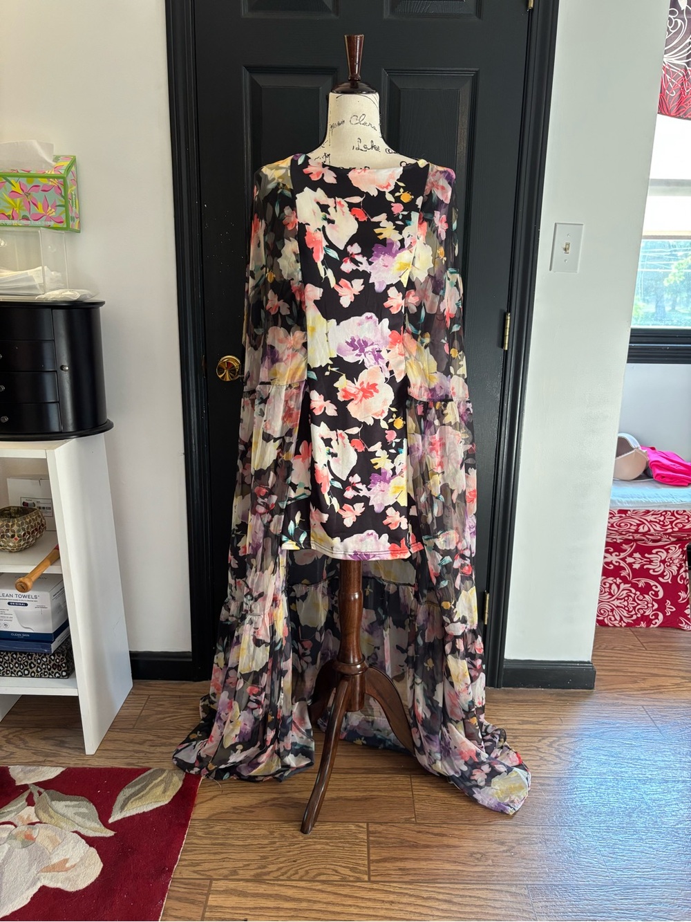 Black Floral High-Low Chiffon Overlay Dress